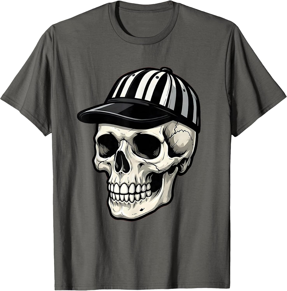 Skull in Black and White Striped Cap Graphic T-Shirt - Asphalt Grey