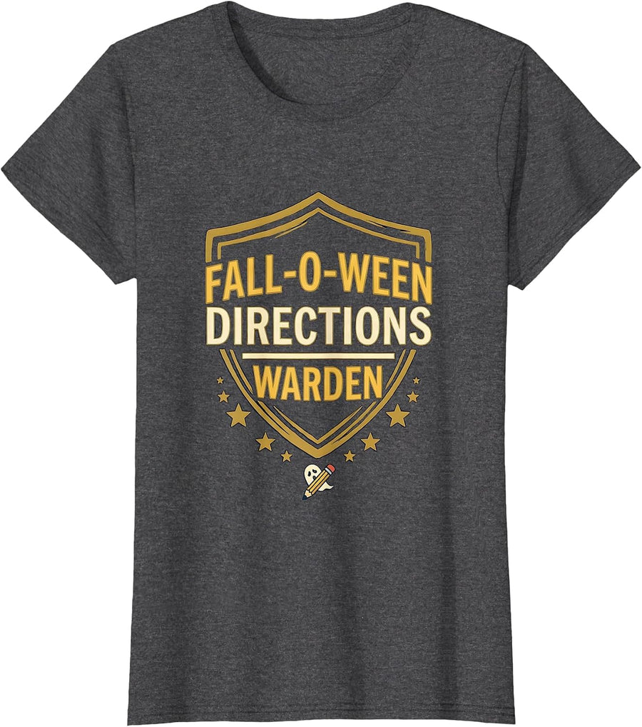 Women's Fall-O-Ween Directions Warden Funny Halloween Teacher Ghost T-Shirt - Dark Heather Grey