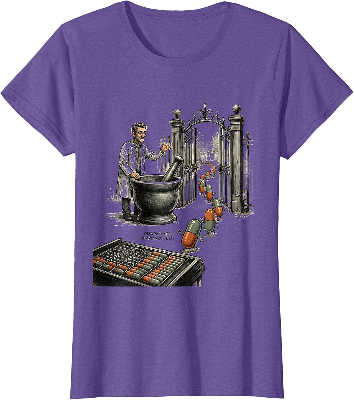 Women's Pharmyard Pharmacy Tech Funny Pharmacy Technician Pun T-Shirt - Purple Heather