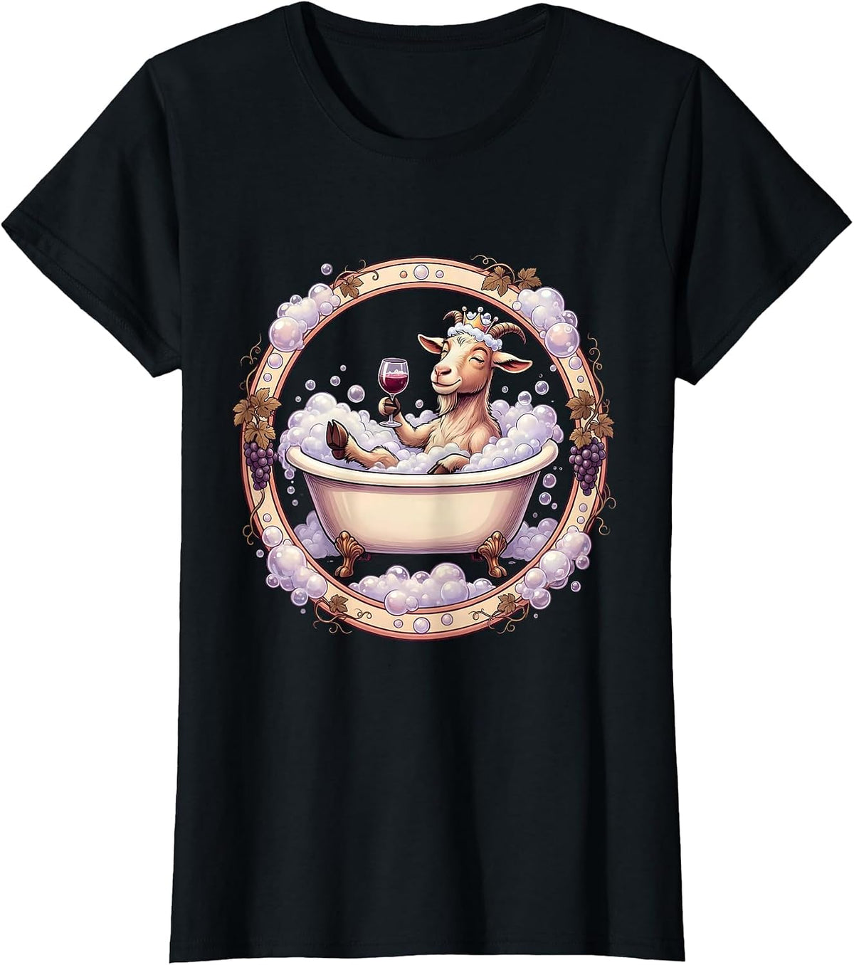 Women's Goat In Bath Bubbles Drinking Wine Funny T-Shirt - Black