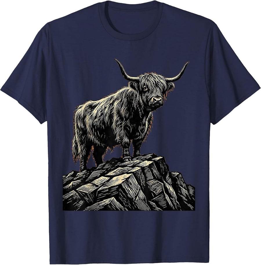 Highland Cow Mountain Peak Graphic T-Shirt - Navy Blue