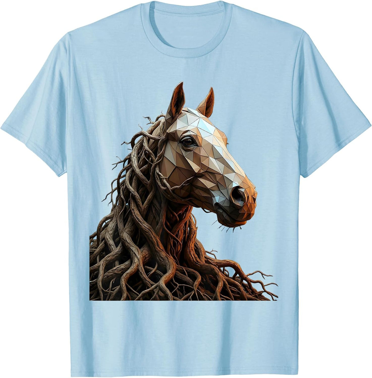 Men's Horse Head Twisted Tree Roots Nature Art Design T-Shirt - Baby Blue