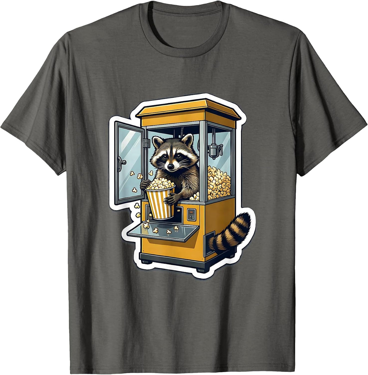 Men's Masked Raccoon Popcorn Machine Absurd Humor Sticker Style T-Shirt - Asphalt Grey