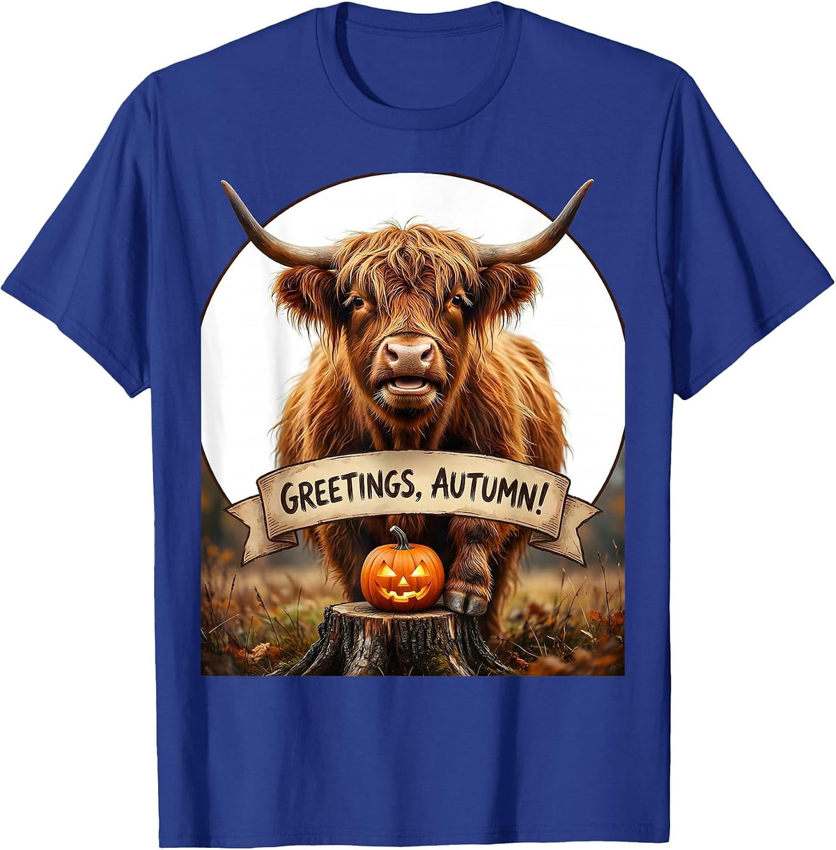 Greetings, Autumn! Whimsical Highland Cow Fall Halloween T-Shirt - Royal Blue