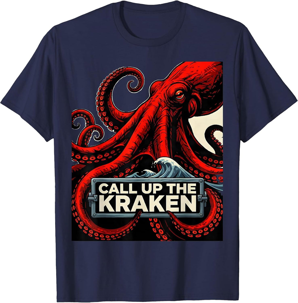 Men's Call Up The Kraken Constructivist Poster Octopus Lover Ocean T-Shirt - Navy Blue