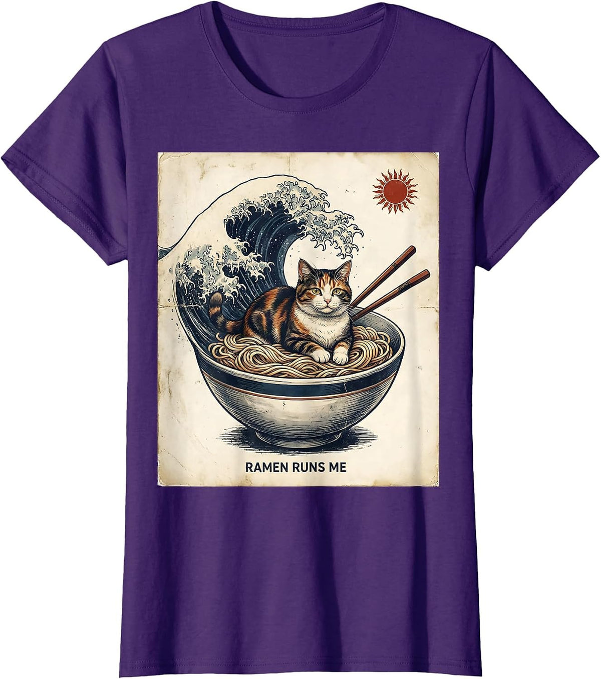 Women's Ramen Runs Me Vintage Anime Cat Novelty Humor T-Shirt - Purple