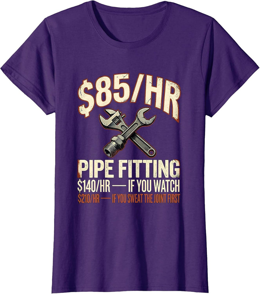 Women's Funny Plumber Hourly Rate Pipe Wrench Dad Joke T-Shirt - Purple