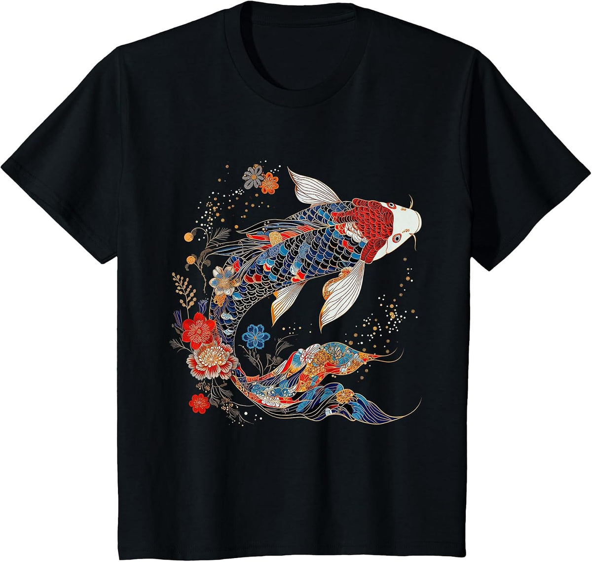 Koi Fish Vintage Flower Pattern Japanese Art Floral Koi Carp T-Shirt - Black