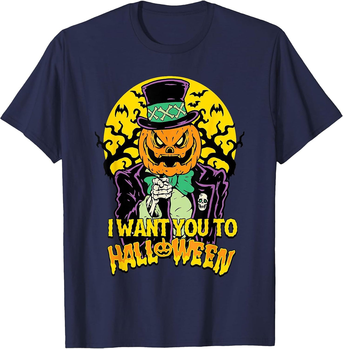 Halloween Pumpkin King Uncle Sam I Want You to Halloween T-Shirt - Navy Blue