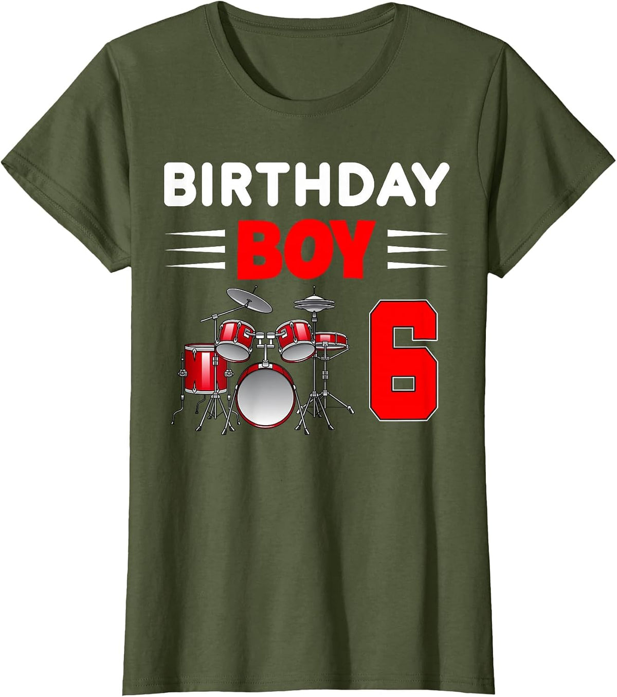 Cool Birthday Boy 6 Drums 6th Bday 6 Years Old T-Shirt - Olive Green