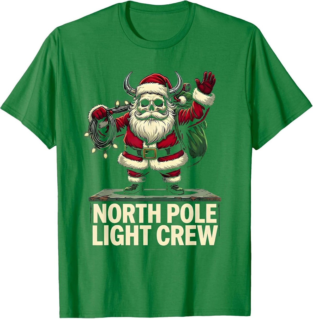 Men's North Pole Light Crew Cartoon Heavy Metal Santa Claus T-Shirt - Kelly Green