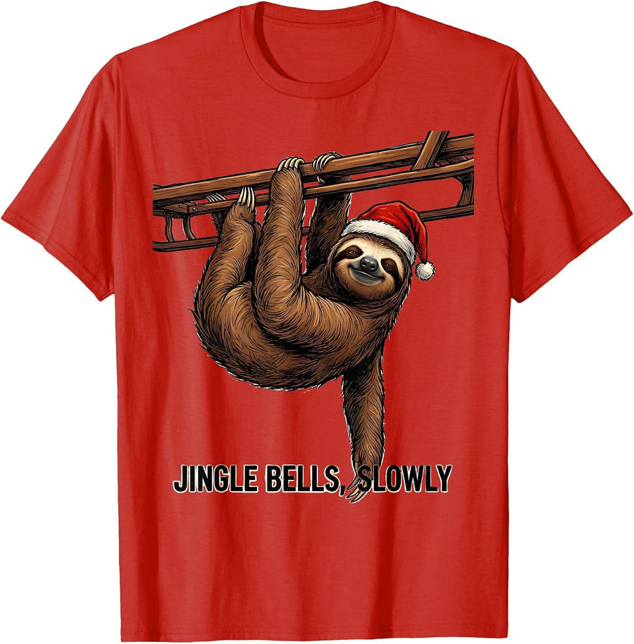Men's Jingle Bells Slowly Funny Sloth Lover Christmas Ugly Sweater T-Shirt - Red