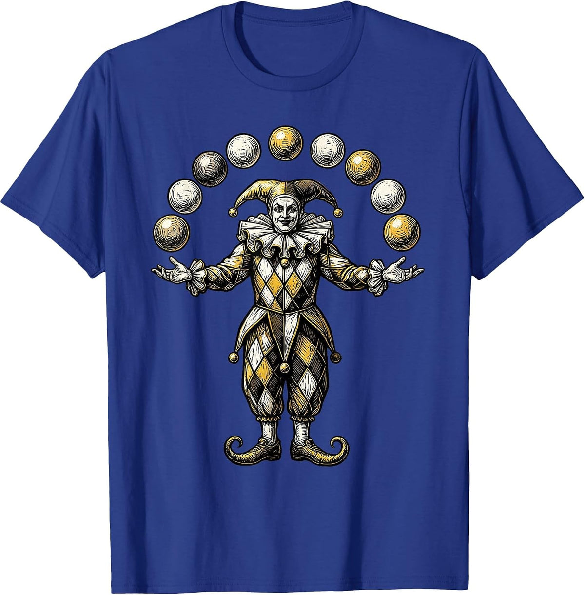 Mardi Gras Jester Juggling Colorful Diamond Costume T-Shirt - Royal Blue