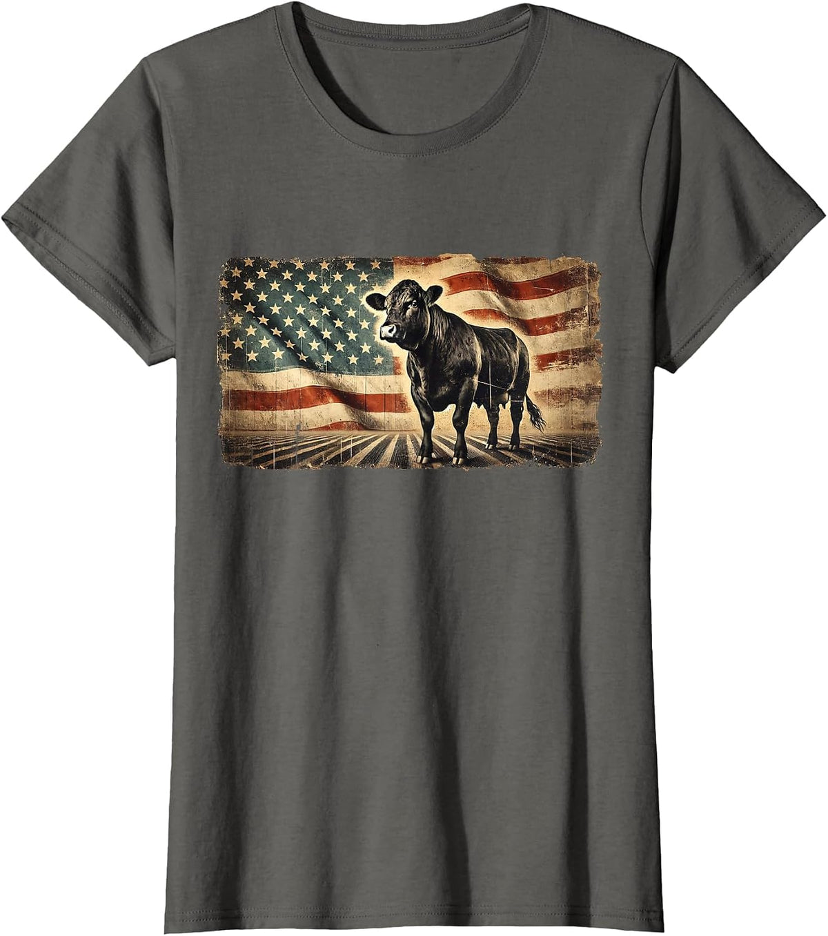 Angus Rancher USA American Flag Cow T-Shirt - Asphalt Grey