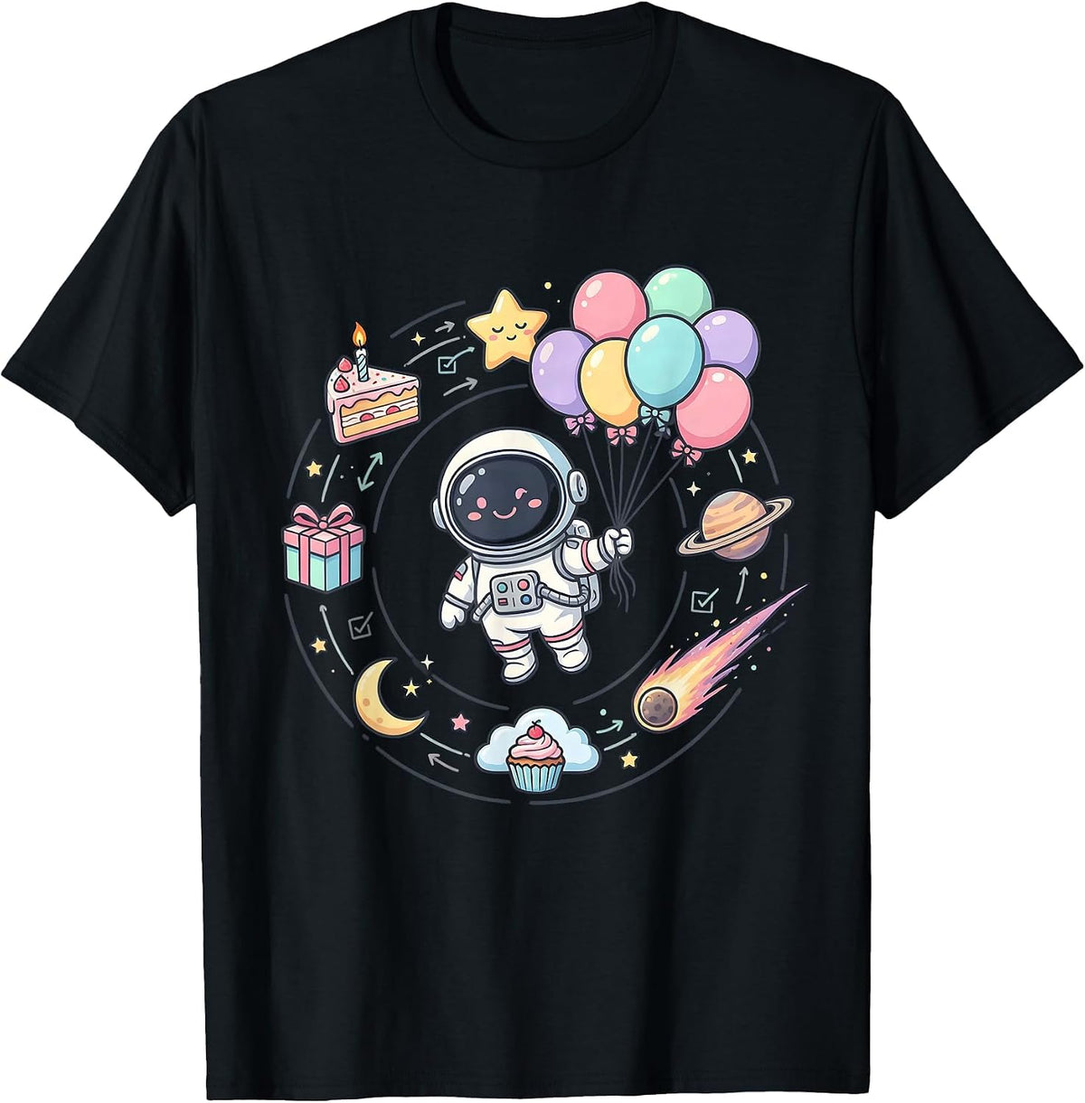 Men's Astronaut Birthday Balloons Space Illustration T-Shirt - Black