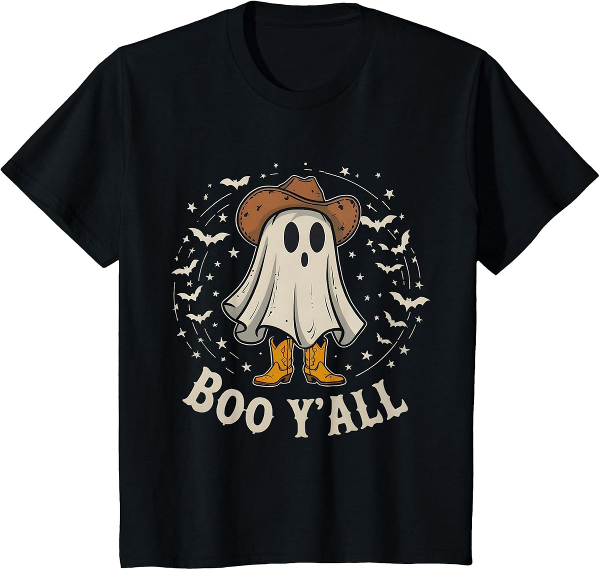 Western Country Halloween Southern Retro Ghost Boo Y'all T-Shirt - Black