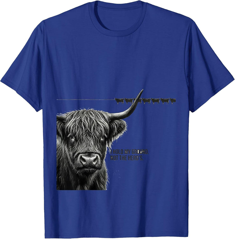 I Hold My Ground Not The Herd's Funny Highland Cow Farmer T-Shirt - Royal Blue