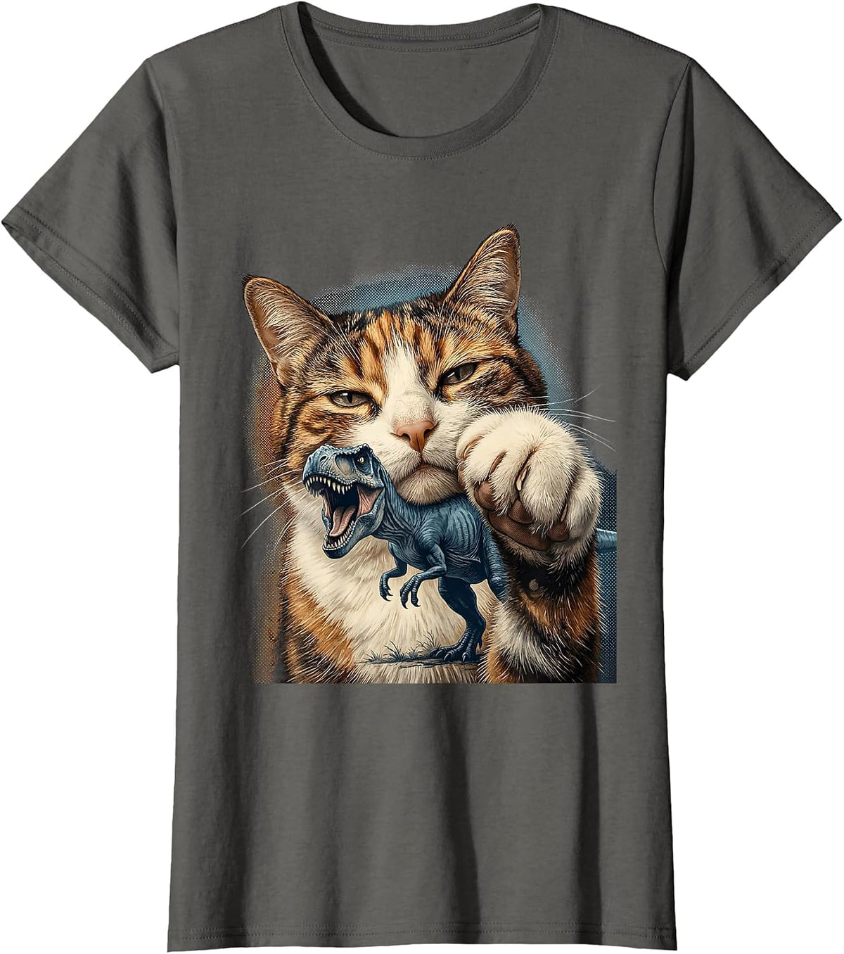 Women's Cat Selfie With T-Rex Dinosaur Funny Meme Cat Lover T-Shirt - Asphalt Grey