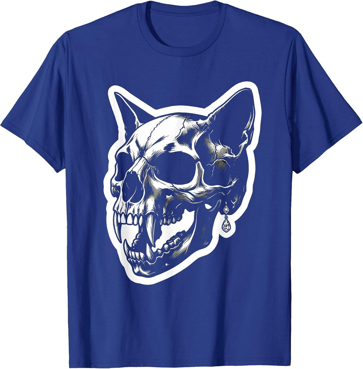 Cat Skull Diamond Earring Rock and Roll Graphic T-Shirt - Royal Blue