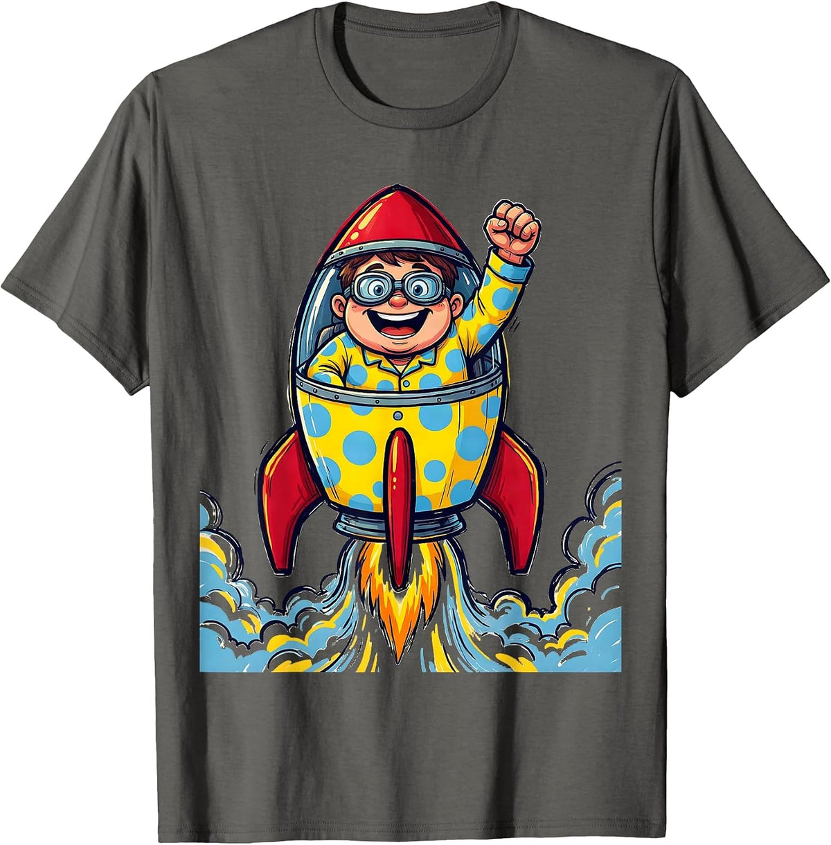 Polka Dot Boy Rocket Ship Pilot Adventure T-Shirt - Asphalt Grey