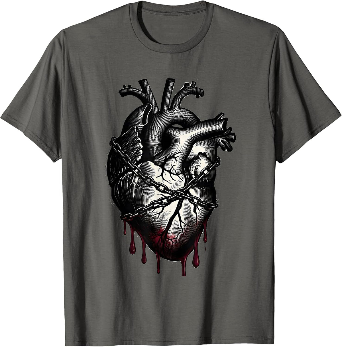 Dripping Bleeding Heart Wrapped in Chains Graphic T-Shirt - Asphalt Grey