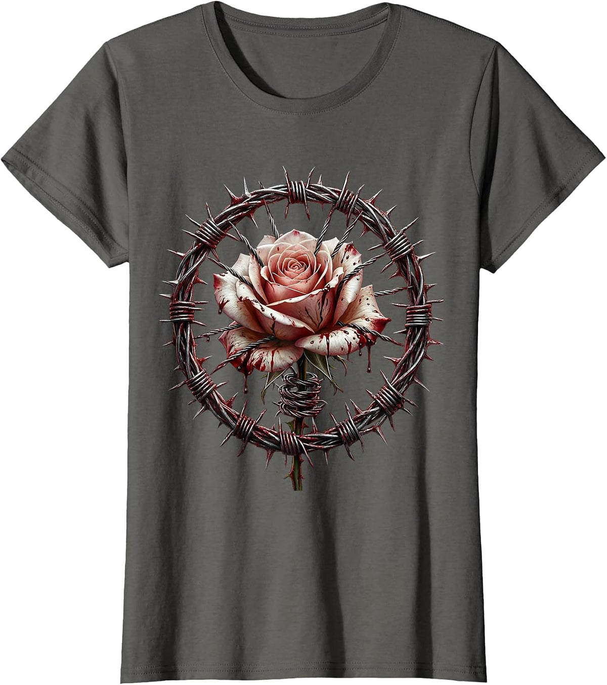Women's Grunge Barbed Wire Rose Graphic Design T-Shirt - Asphalt Grey