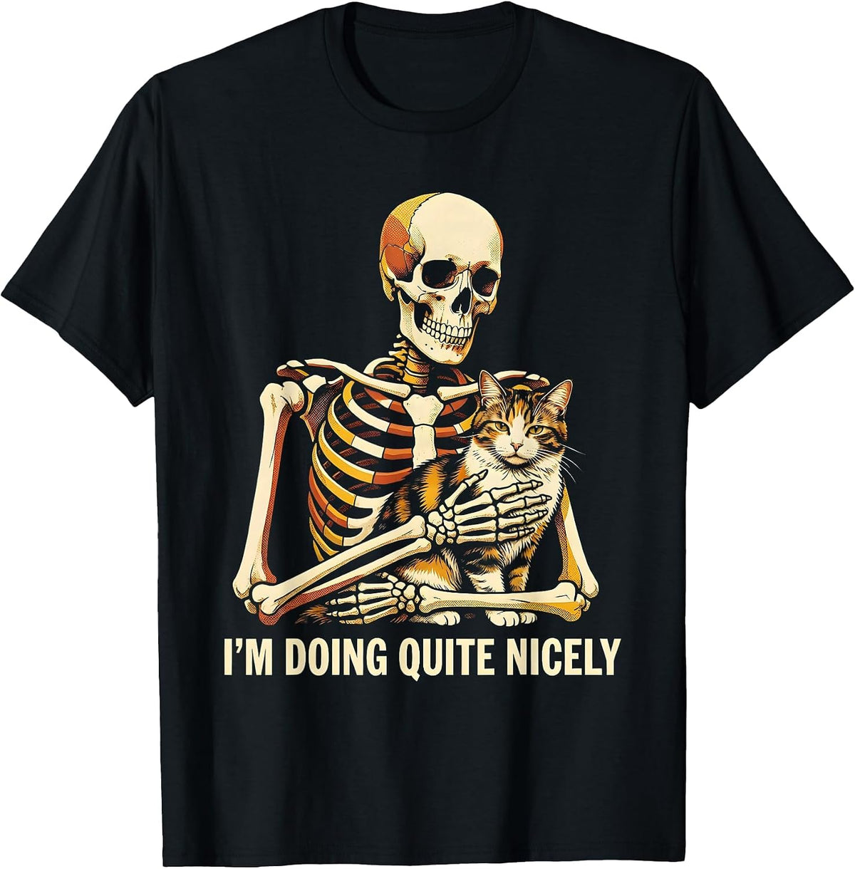 Men's I'm Doing Quite Nicely Risograph Skeleton Hugging Cat T-Shirt - Black
