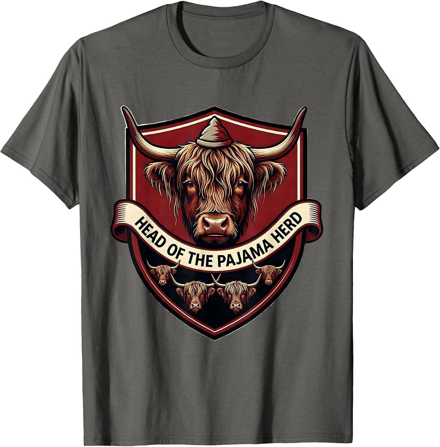 Head of the Pajama Herd Cute Highland Cow Christmas Pajama T-Shirt - Asphalt Grey