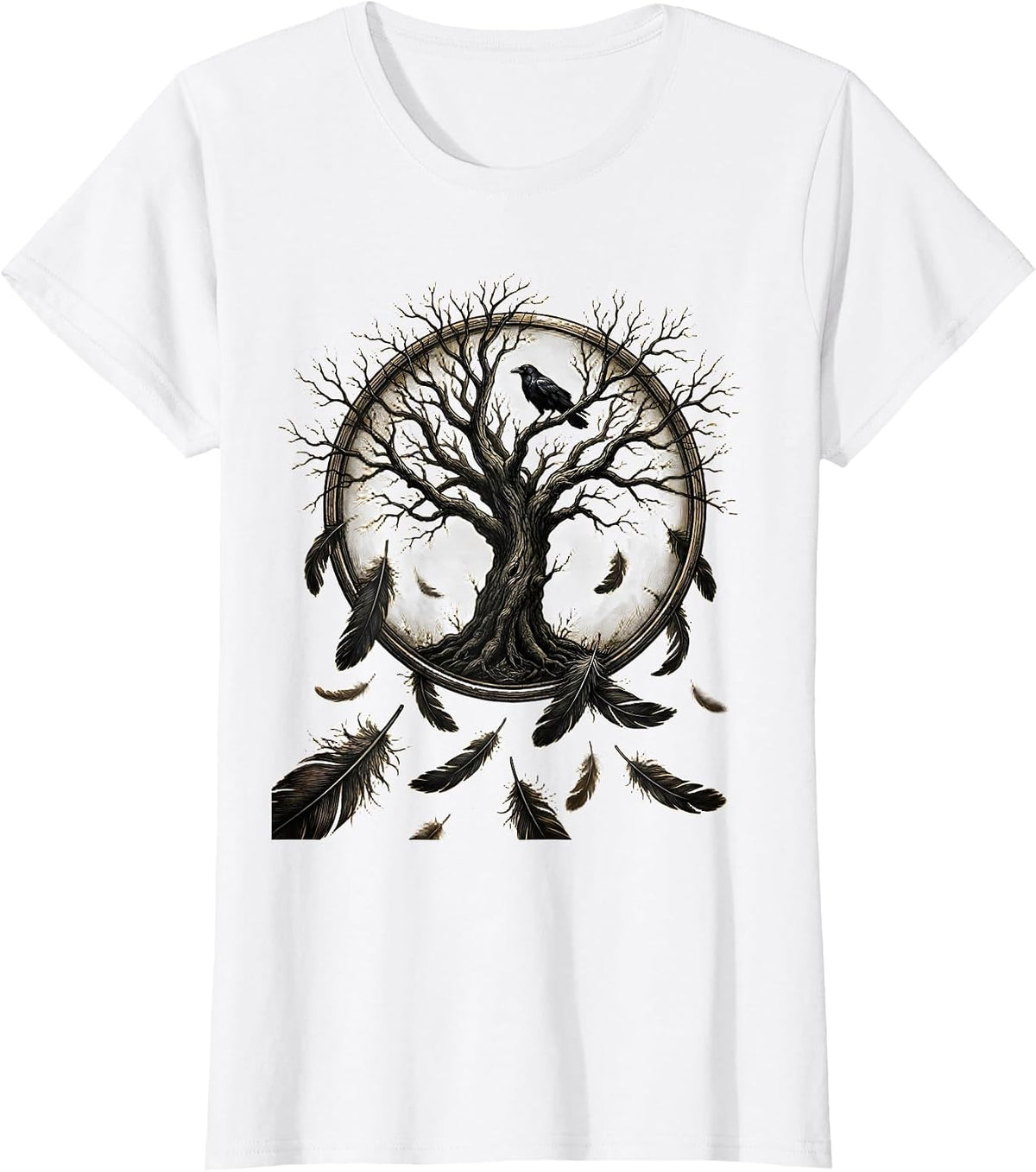 Crow Feathers Falling Around a Lone Tree T-Shirt - White