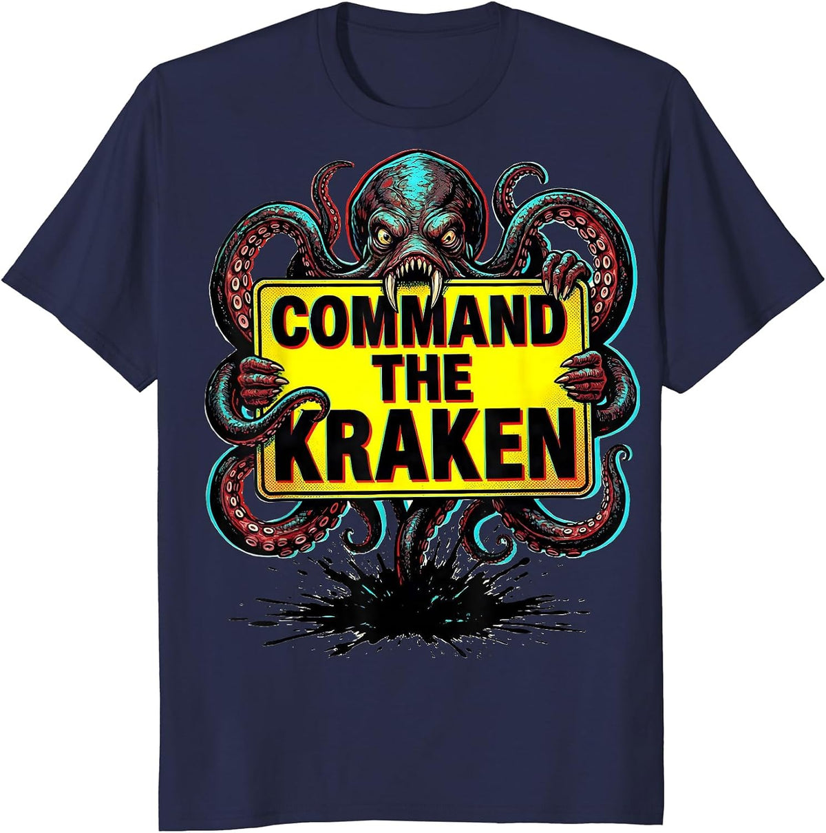 Command The Kraken Pop Art Octopus Lover Marine Life T-Shirt - Navy Blue