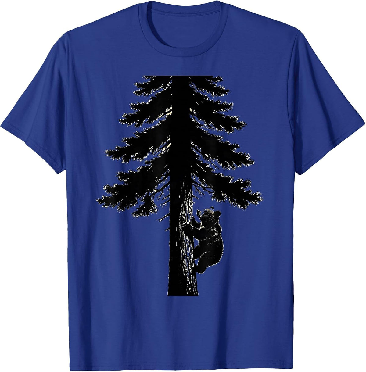 Bear Cub Climbing Pine Tree Nature Illustration T-Shirt - Royal Blue