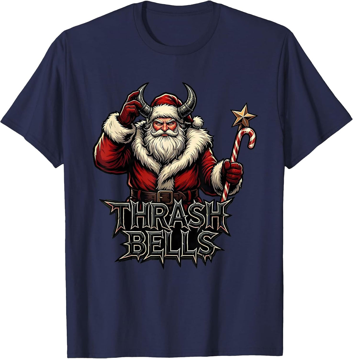 Men's Thrash Bells Heavy Metal Santa Parody Rocker Holiday T-Shirt - Navy Blue