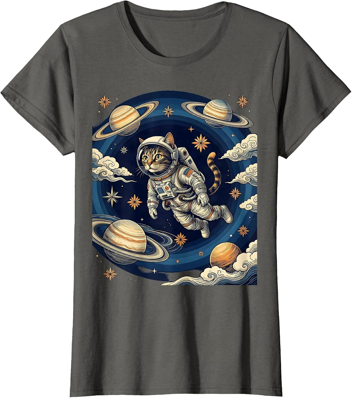 Women's Cat Astronaut Floating in Outer Space Illustration T-Shirt - Asphalt Grey