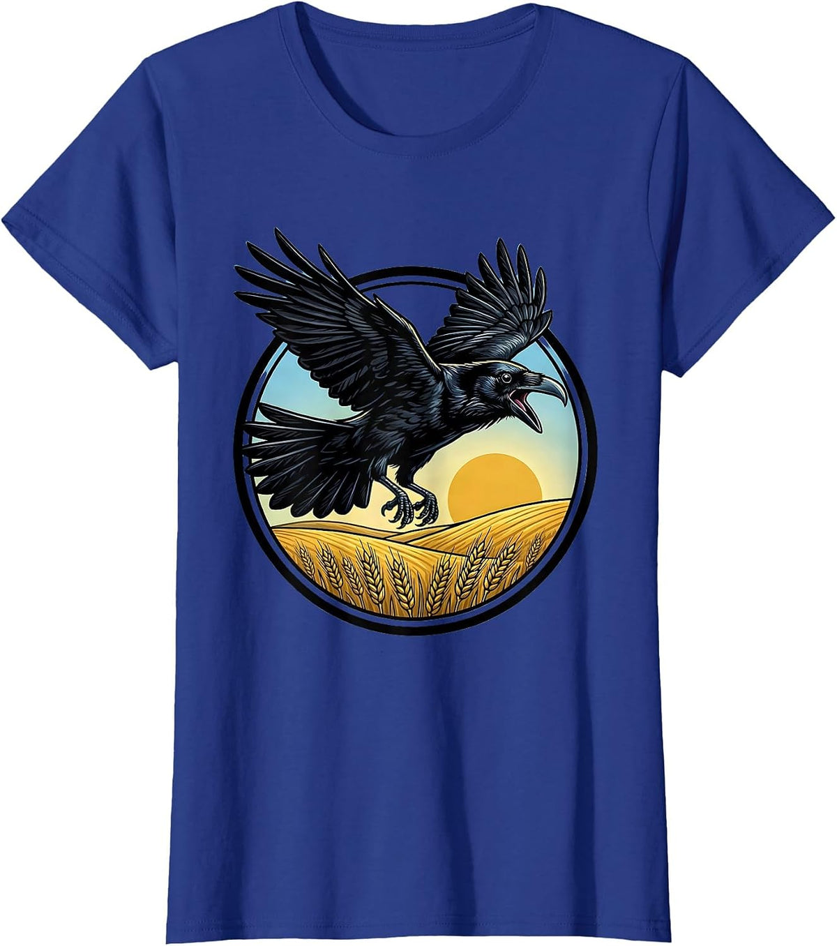 Women's Crow Mid-Swoop Over Open Field Illustration T-Shirt - Royal Blue