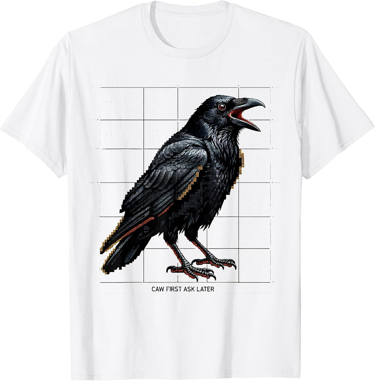 Men's Caw First Ask Later Bold Crow Graphic Design T-Shirt - White