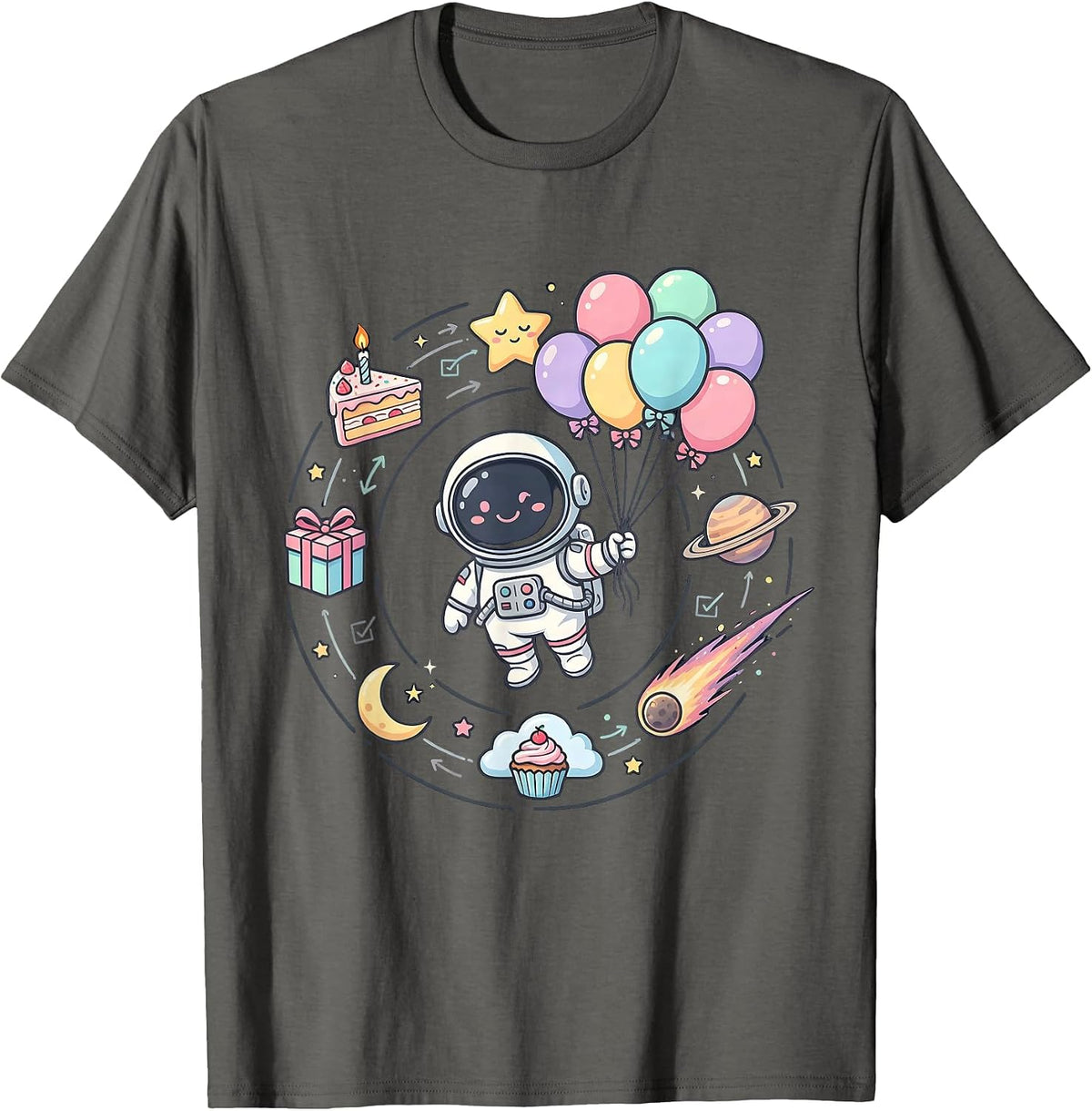 Men's Astronaut Birthday Balloons Space Illustration T-Shirt - Asphalt Grey