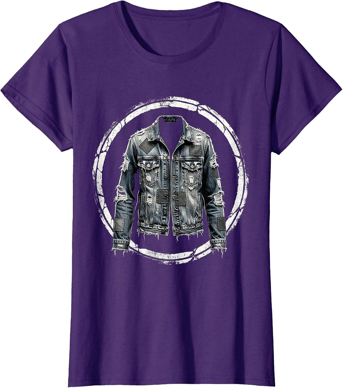 Women's Grunge Patched Denim Jacket Illustration T-Shirt - Purple