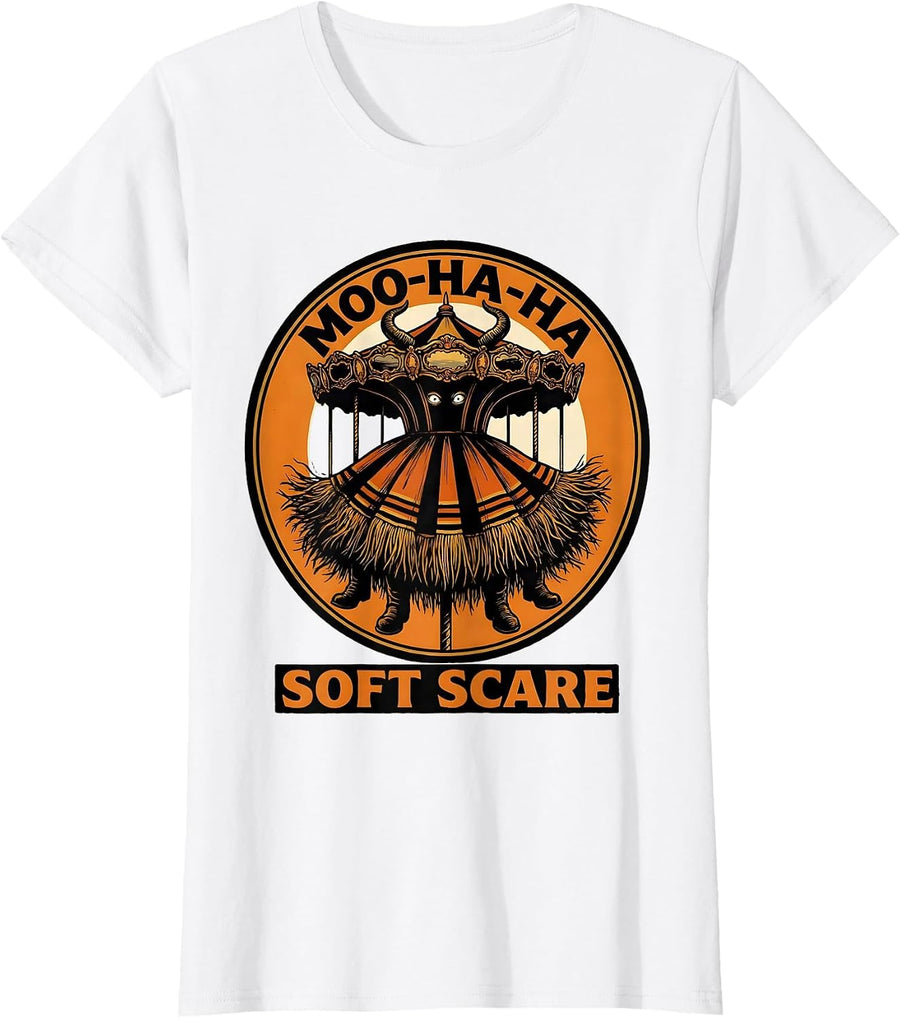 Women's Moo-Ha-Ha Soft Scare Funny Highland Cow Halloween Costume T-Shirt - White