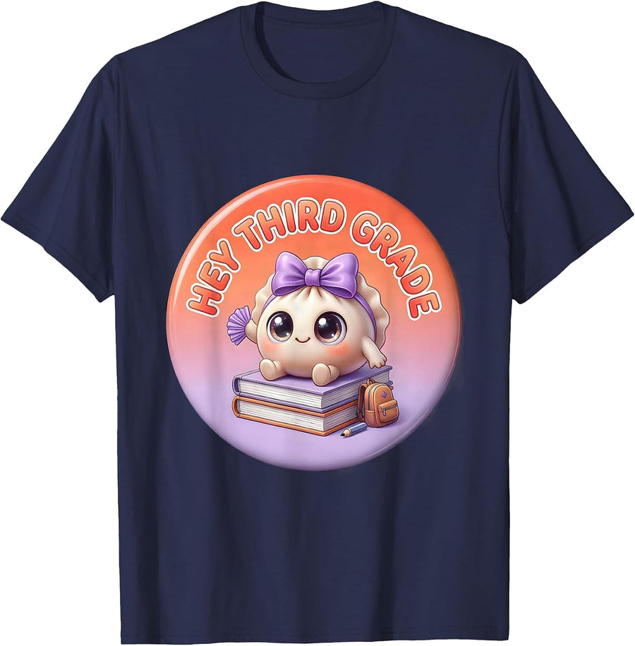 Hey Third Grade Cute Dumpling Back to School Girl Teacher T-Shirt - Navy Blue