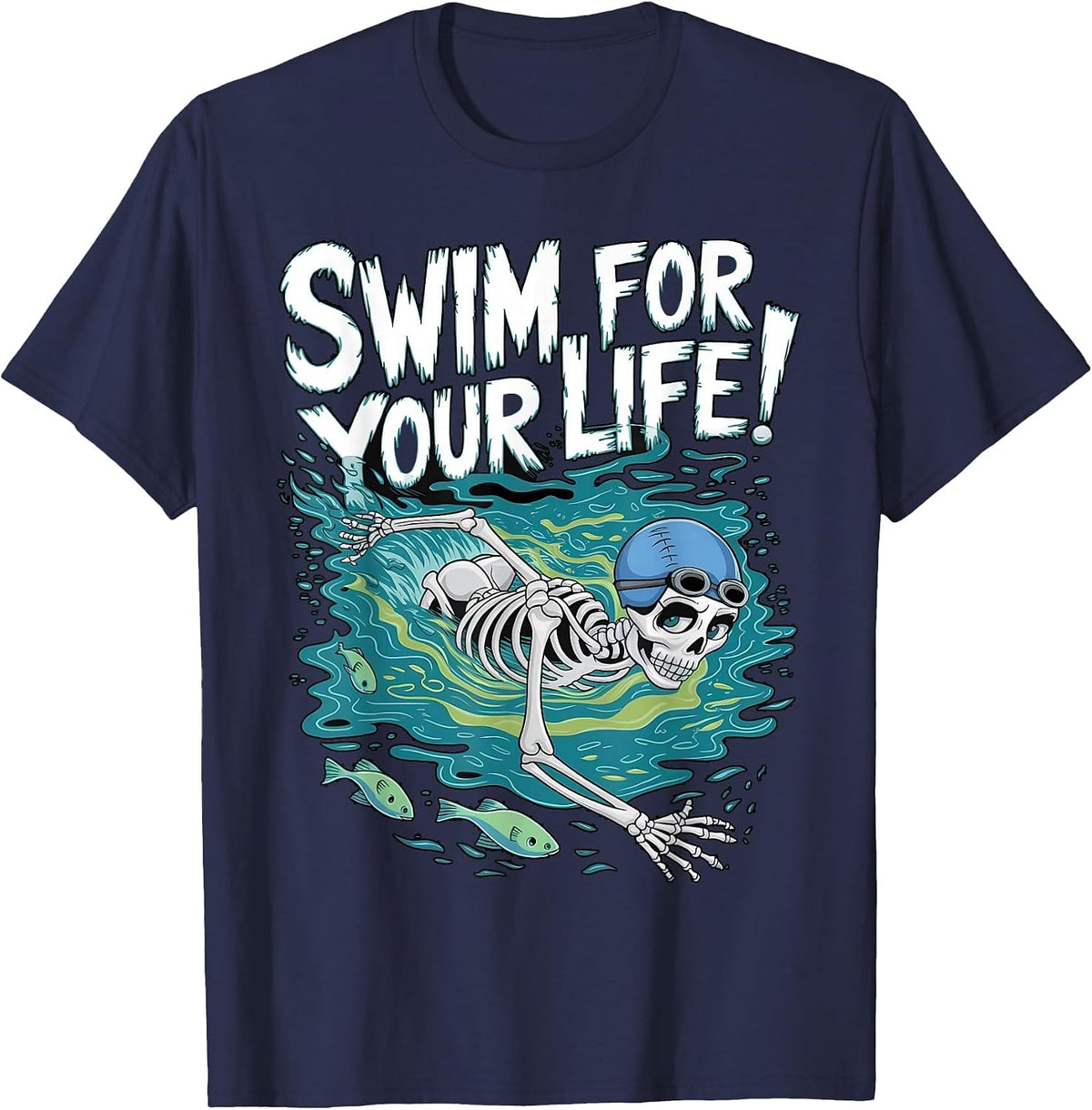 Halloween Skeleton Swimming Swim for Your Life Swimmers Dad T-Shirt - Navy Blue