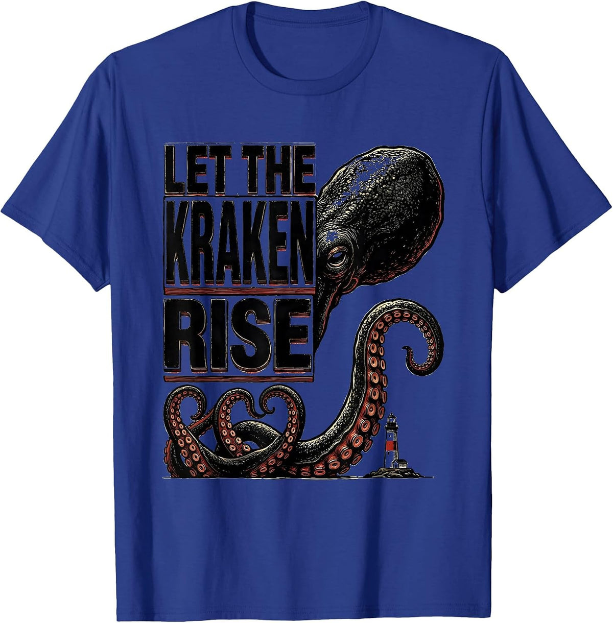Let The Kraken Rise Wood Type Letterpress Octopus Lover T-Shirt - Royal Blue