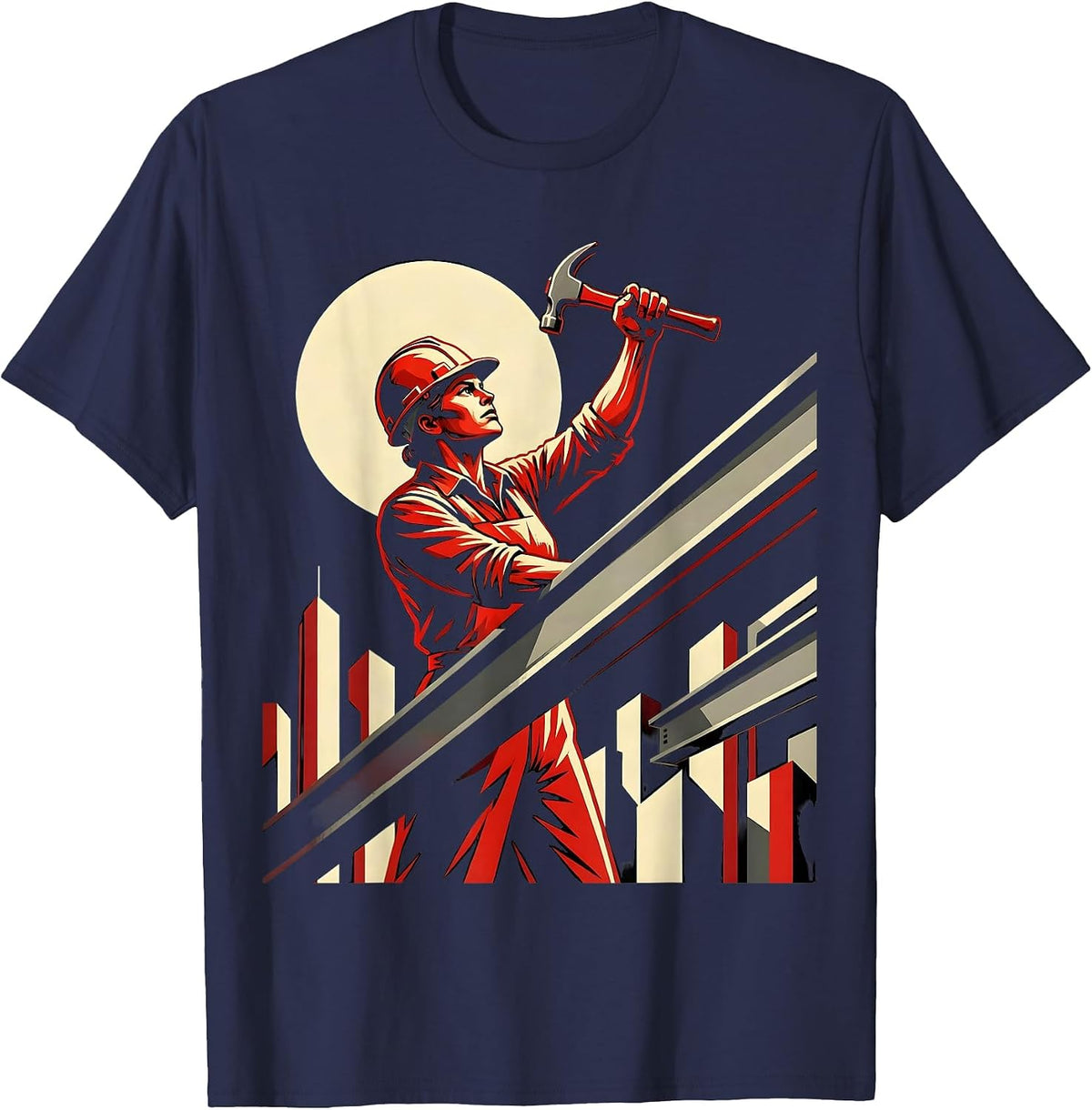 Labor Day Ironworker Steel Beam Skyline Graphic T-Shirt - Navy Blue