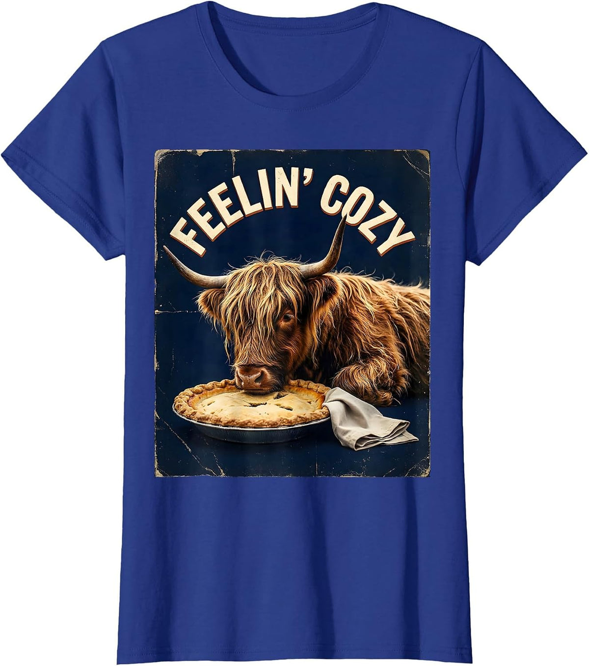Women's Feelin Cozy Vintage Highland Cow Thanksgiving Gratitude T-Shirt - Royal Blue