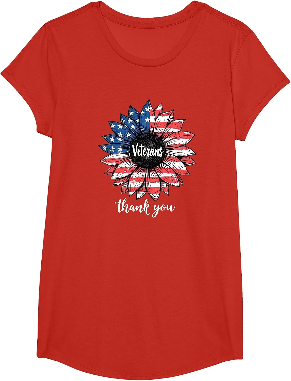 Thank You Veterans Sunflower US America Flag Patriotic Women T-Shirt - Girls Red