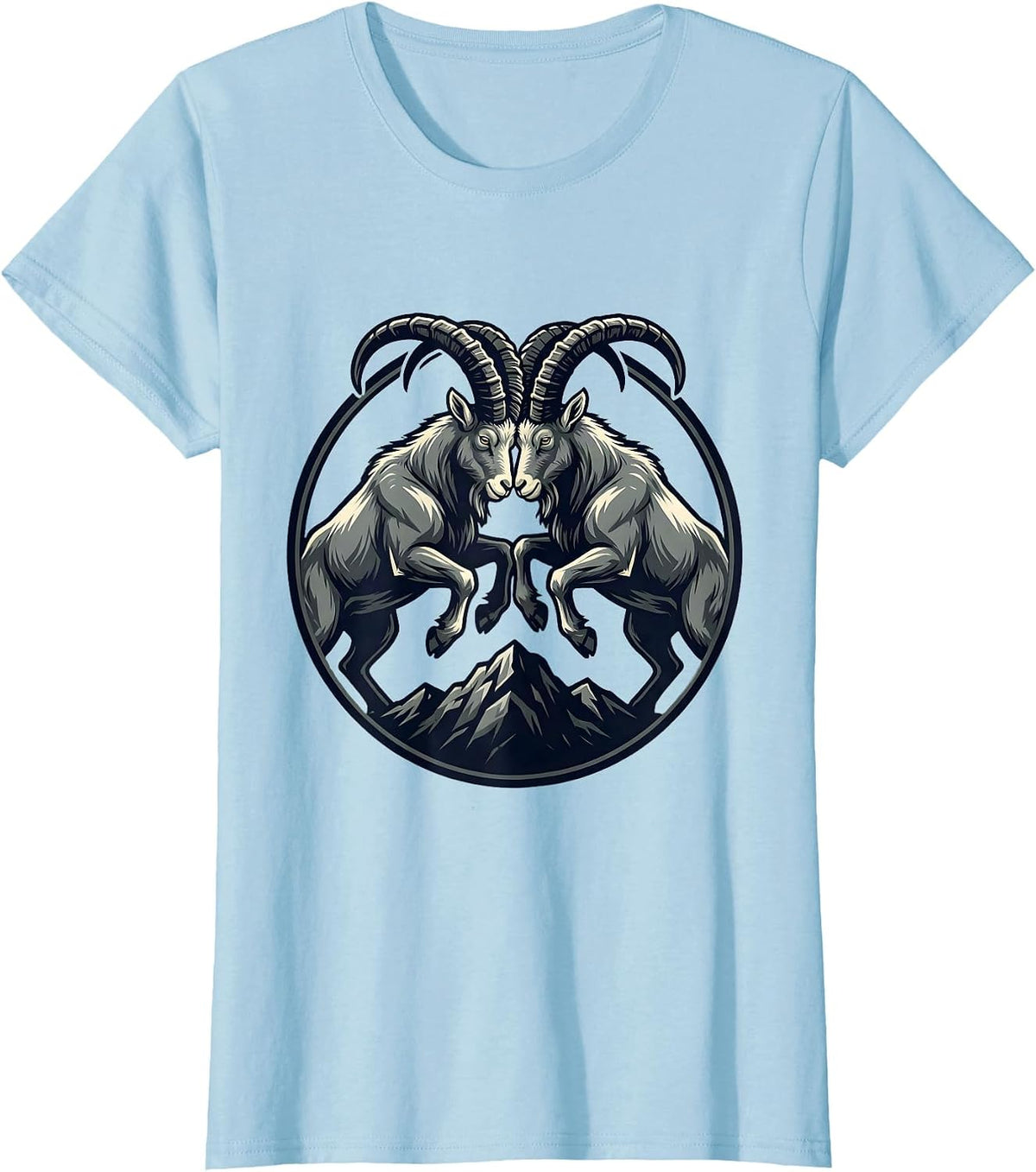 Women's Two Goats Clashing Horns on a Hilltop Graphic T-Shirt - Baby Blue