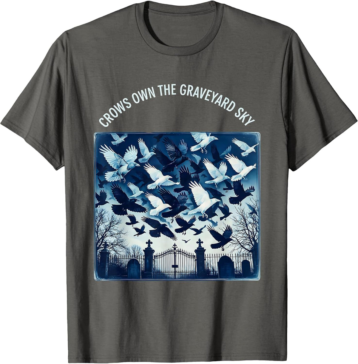 Men's Crows Own the Graveyard Sky Gothic Halloween Design T-Shirt - Asphalt Grey