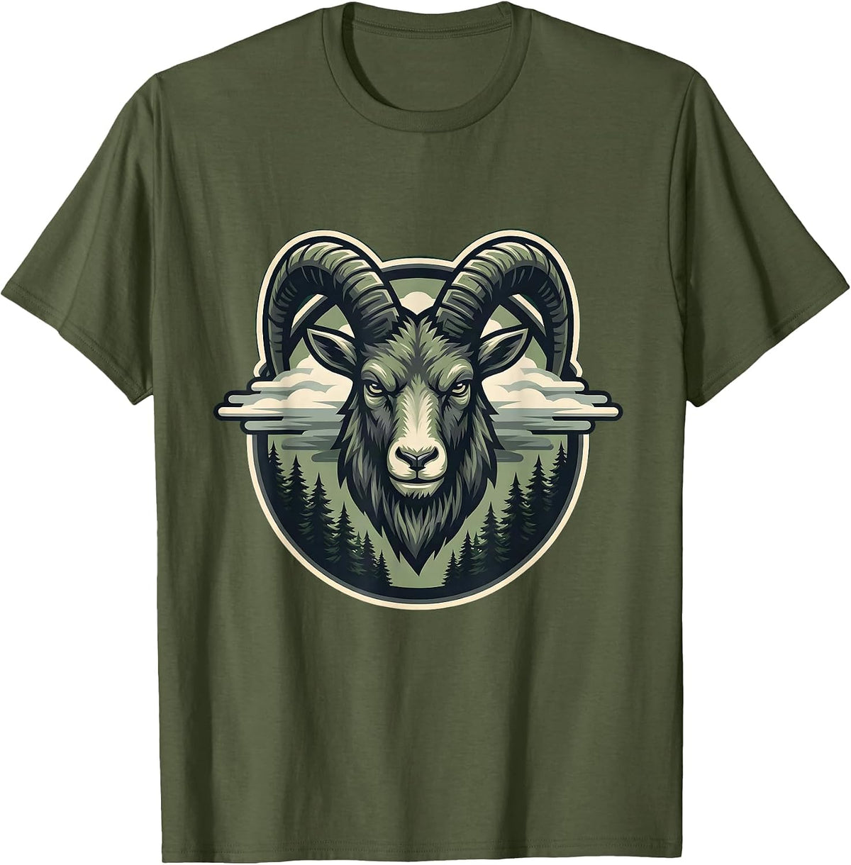 Goat Head Emerging From Forest Fog Illustration T-Shirt - Olive Green