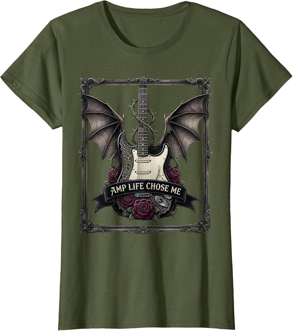 Women's Amp Life Chose Me Heavy Metal Music Design T-Shirt - Olive Green