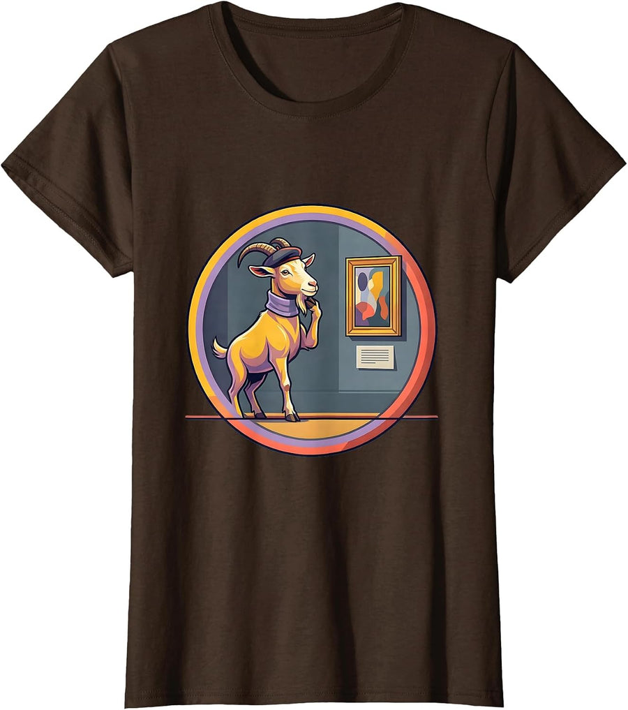 Women's Goat Art Critic Judging Painting at Museum T-Shirt - Brown