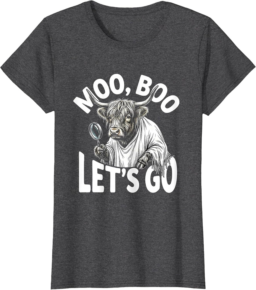 Women's Moo Boo Lets Go Highland Cow Ghost Detective Halloween Humor T-Shirt - Dark Heather Grey